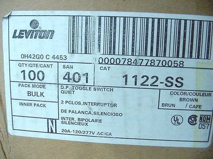 Leviton 1122-SS Brown Short Strap Toggle Light Switches Double Pole 20A 100-Pack