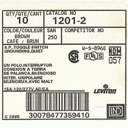 Leviton 1201-2 Brown Single Pole Toggle Light Switches 15A Industrial Grade 10pc