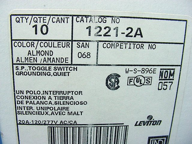 Leviton 1221-2A Almond Industrial Toggle Wall Light Switch Single Pole 20A 10pcs