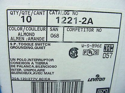Leviton 1221-2A Almond Industrial Toggle Wall Light Switch Single Pole 20A 10pcs