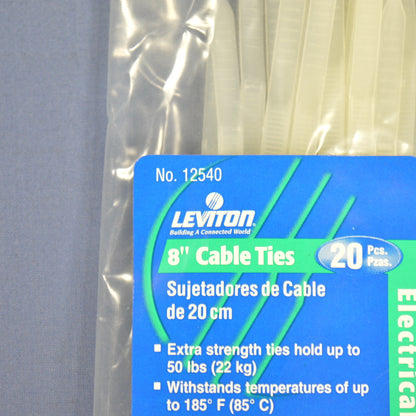 20 Leviton White Organizing Fastening Plastic 8" Cable Zip Wire Ties Nylon 12540
