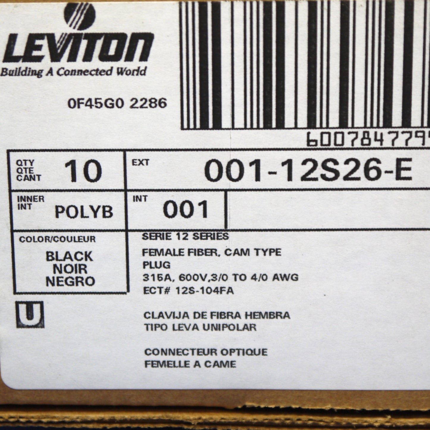 Leviton 12S26-E Black ECT 12 Series Female Cam-Type Connector Plugs 315A 10-Pack