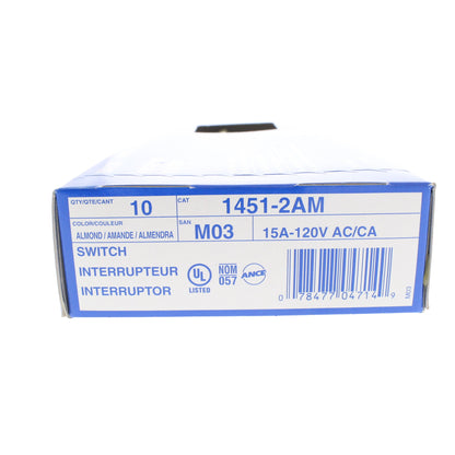 Leviton 1451-2AM Almond Residential Single Pole Toggle Light Switches 15A 10pcs