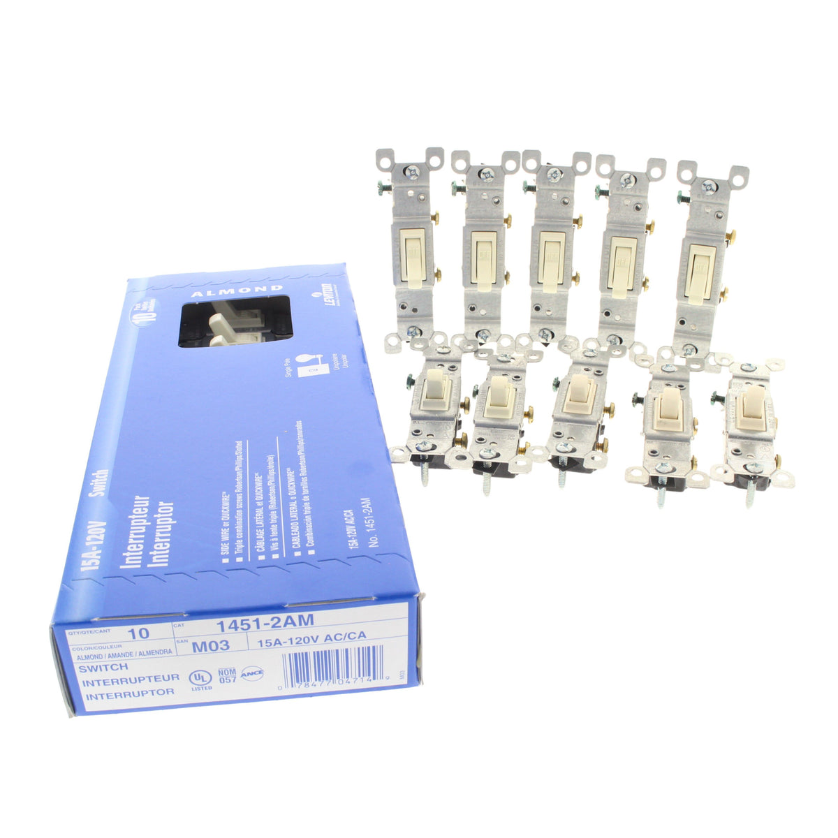 Leviton 1451-2AM Almond Residential Single Pole Toggle Light Switches 15A 10pcs