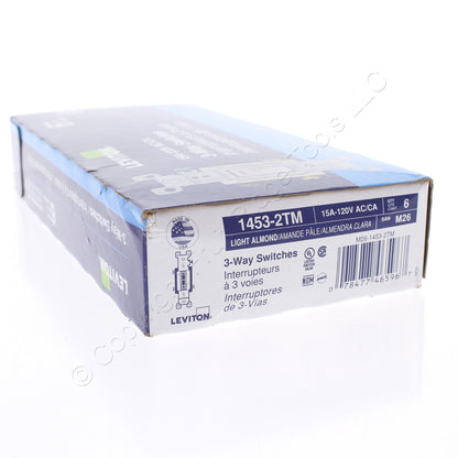 Leviton 1453-2TM Light Almond 3-Way Toggle Switches 15A 120V 6-Pack