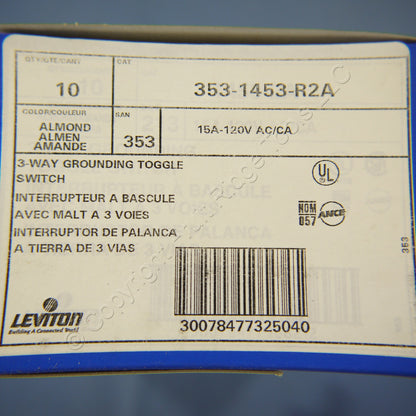 10 Leviton Almond 3-Way Toggle Wall Light Switches Quickwire 15A 120V 1453-R2A