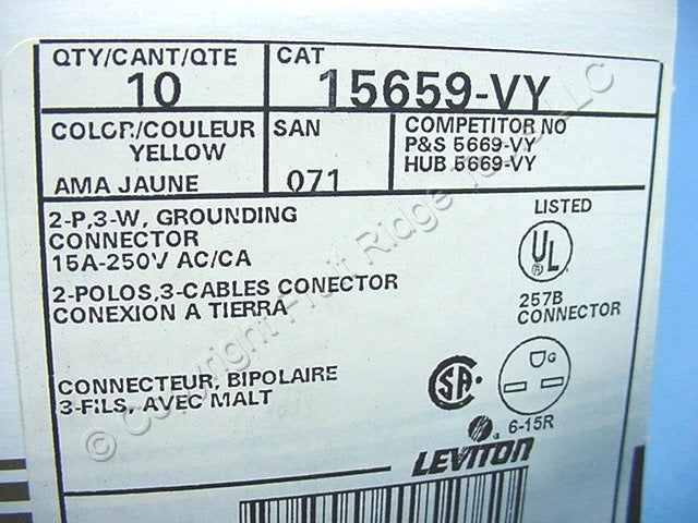 Leviton 15659-VY Yellow Straight Blade Plug Connector Industrial 6-15R 15A 10pcs