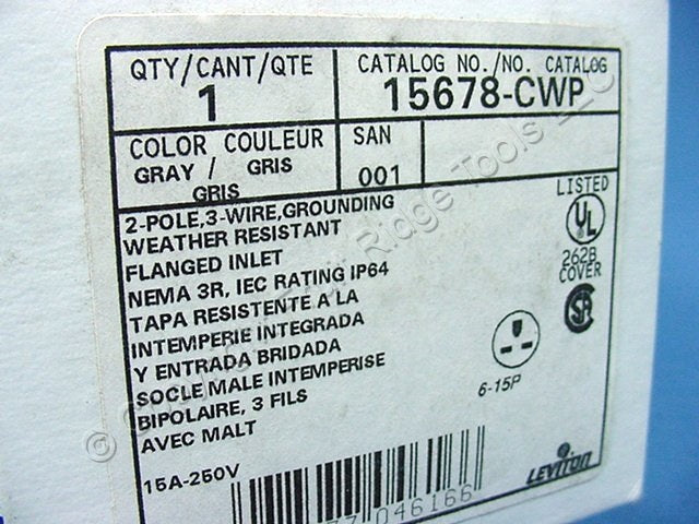Leviton Nema 6-15P Flanged Inlet Plug Weather Resistant Cover 15A 250V 15678-CWP