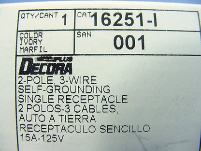 Leviton 16251-I Ivory 15A Decora Receptacle Outlet Nema 5-15R Boxed Commercial
