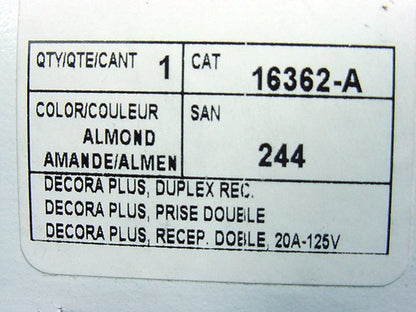 Leviton Almond Decora Industrial Outlet Duplex Receptacle 20A 16362-A Boxed