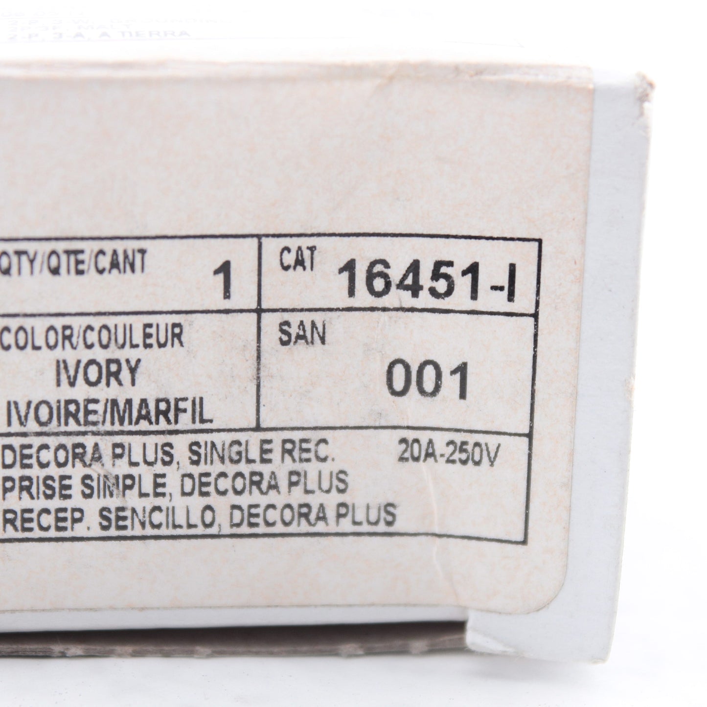 Leviton 16451-I Ivory 20A Decora Commercial Receptacle Single Outlet 6-20R 250V