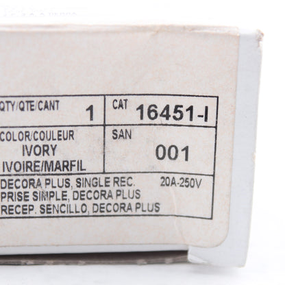 Leviton 16451-I Ivory 20A Decora Commercial Receptacle Single Outlet 6-20R 250V