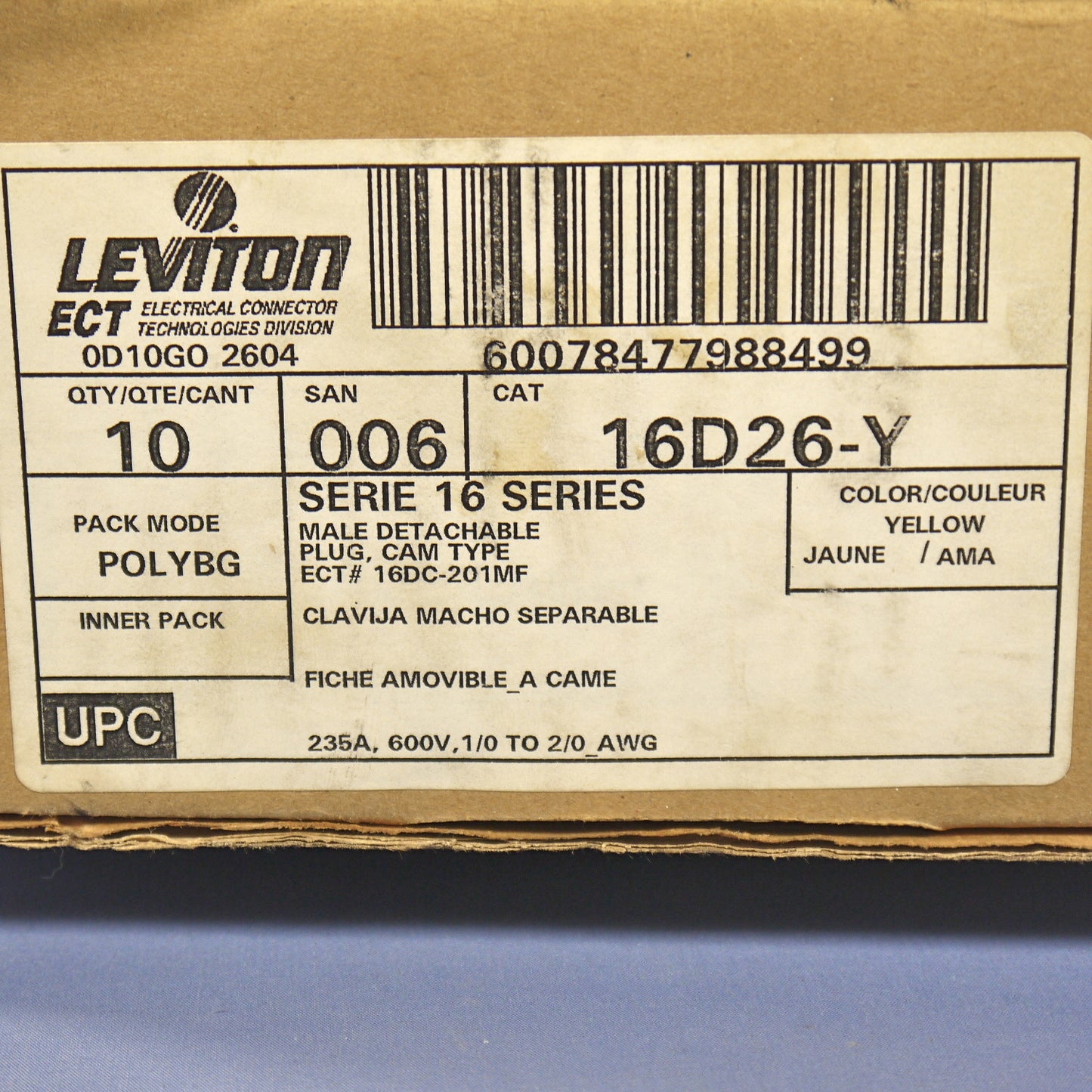 10 Leviton Yellow 16 Series Male Detachable Cam Plugs Crimped 300A 600V 16D26-Y