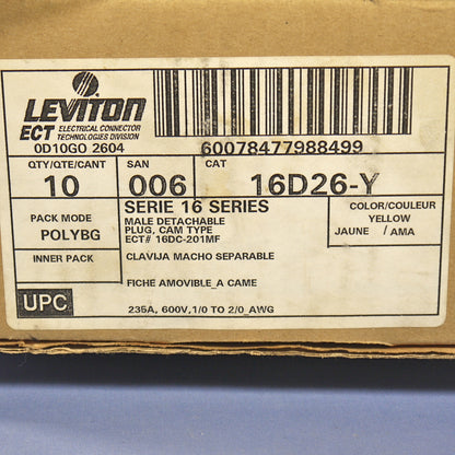 10 Leviton Yellow 16 Series Male Detachable Cam Plugs Crimped 300A 600V 16D26-Y