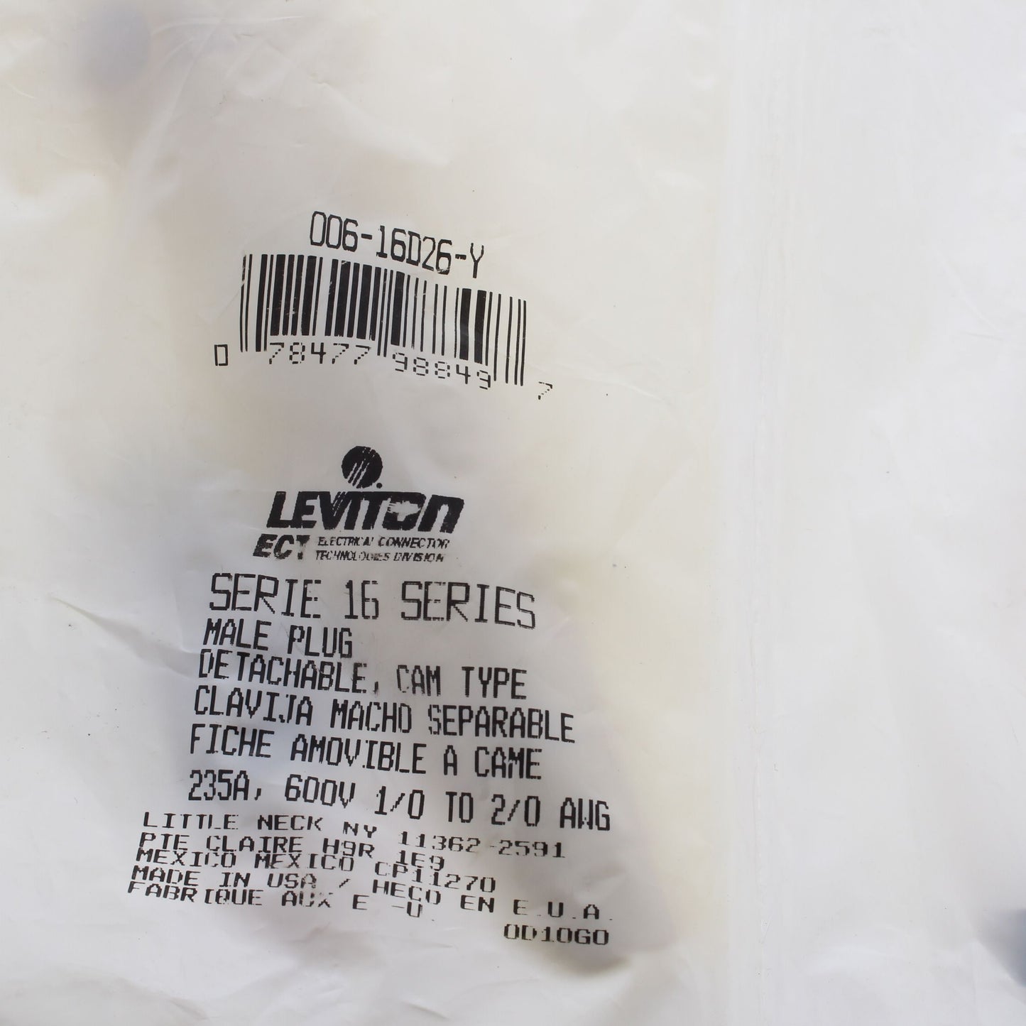 Leviton Yellow 16 Series Male Detachable Cam-Type Plug Crimped 300A 600V 16D26-Y