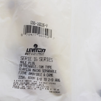 Leviton Yellow 16 Series Male Detachable Cam-Type Plug Crimped 300A 600V 16D26-Y