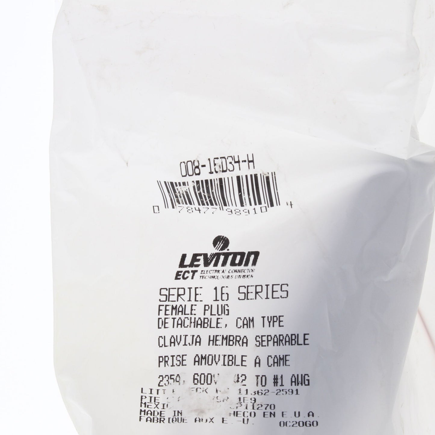 Leviton Brown 16 Series Female Detachable Cam-Type Plug 220A 600V Crimped 16D34