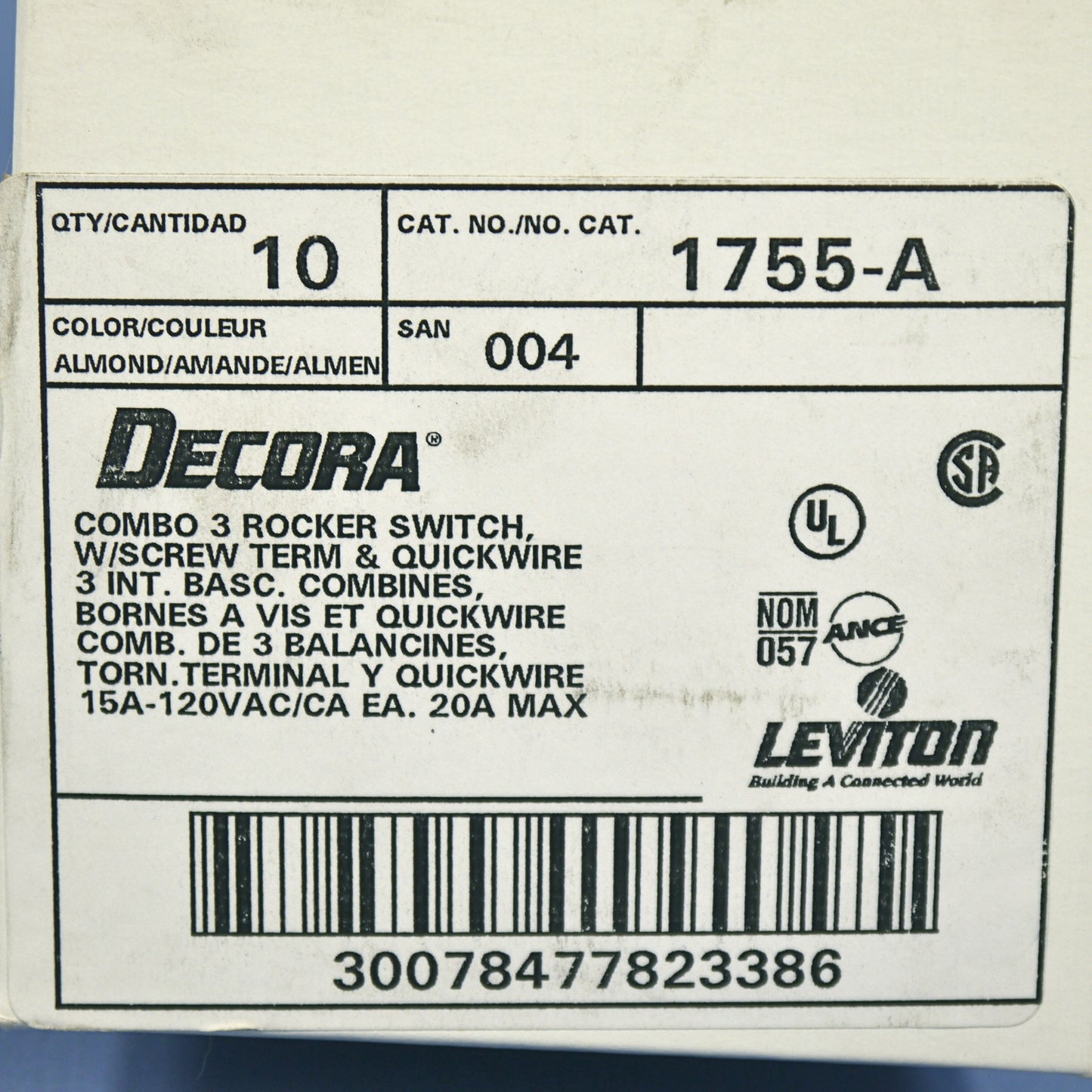 Leviton 1755-A Almond Decora Triple Rocker Wall Light Switches Triplex 15A 10pcs