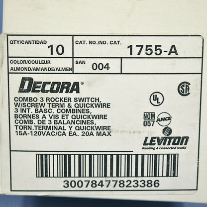 Leviton 1755-A Almond Decora Triple Rocker Wall Light Switches Triplex 15A 10pcs