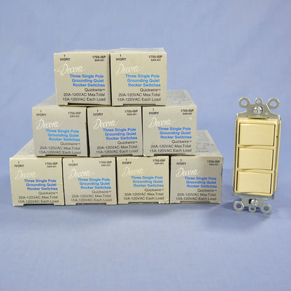 Leviton 1755-I Ivory Decora Triple Rocker Light Switches Plug-in Wiring 10-Pack