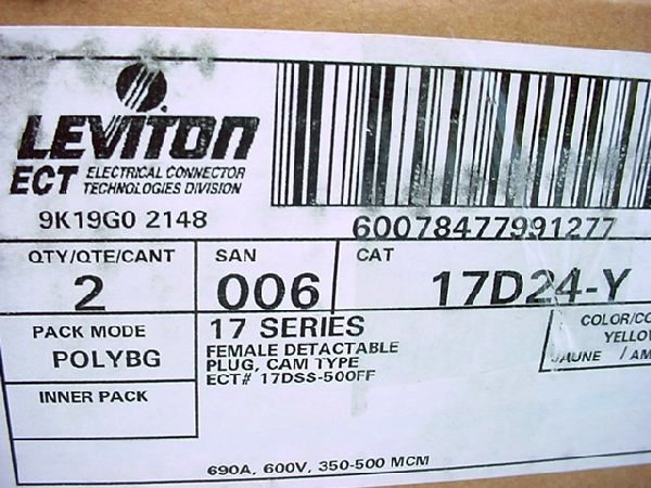 Leviton 17D24-Y Yellow ECT 17 Series Female Cam-Type Plugs Set Screw 690A 2-Pack