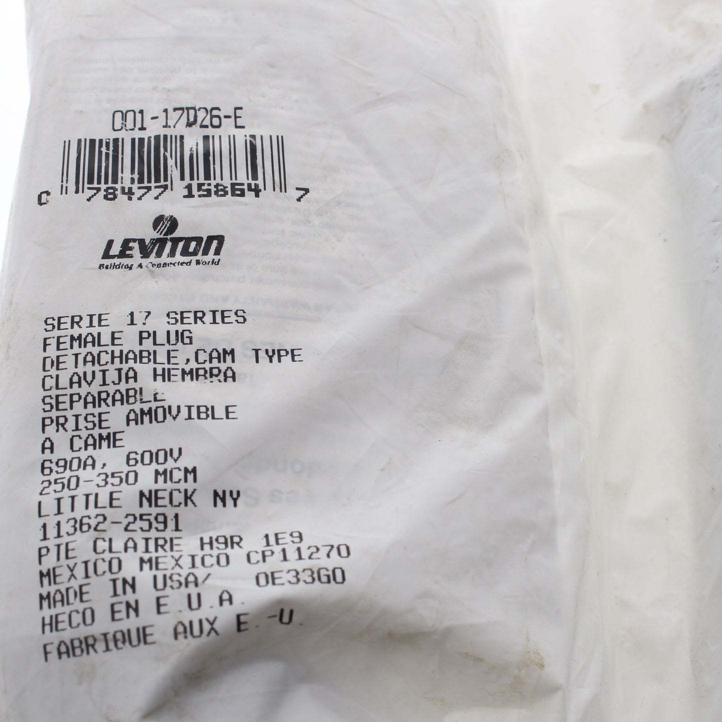 Leviton 17D26-E Black 17 Series Detachable Female Cam Plug Dual Screw 690A 600V