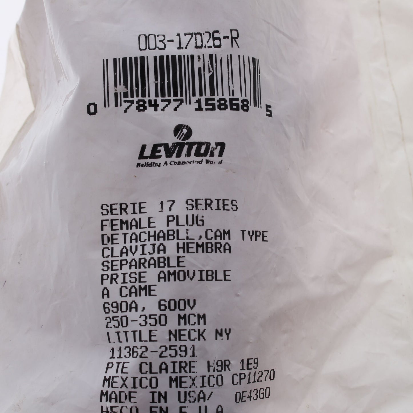 Leviton Red 17 Series Detachable Female Cam Plug Dual Screw 690A 600V 17D26-R