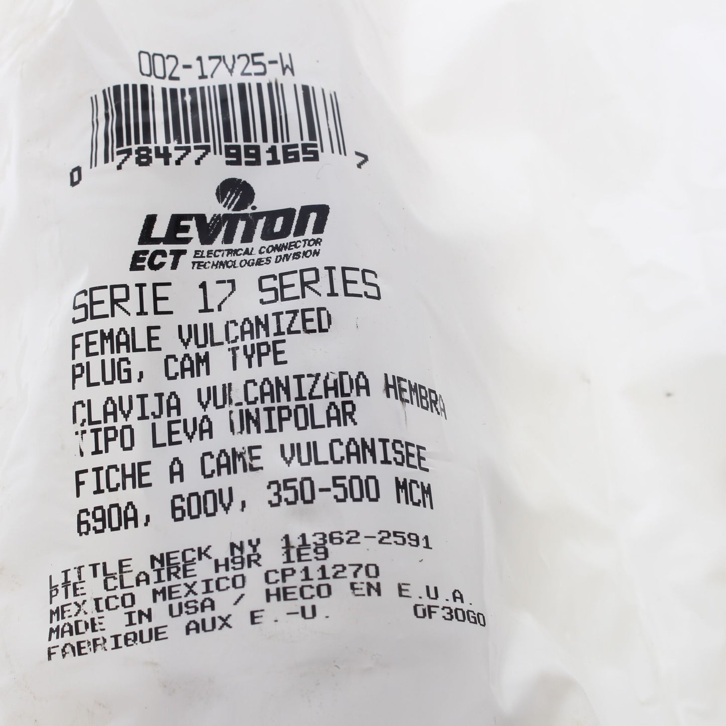 Leviton White 17 Series Female Vulcanized Cam-Type Plug 690A 600V 17V25-W
