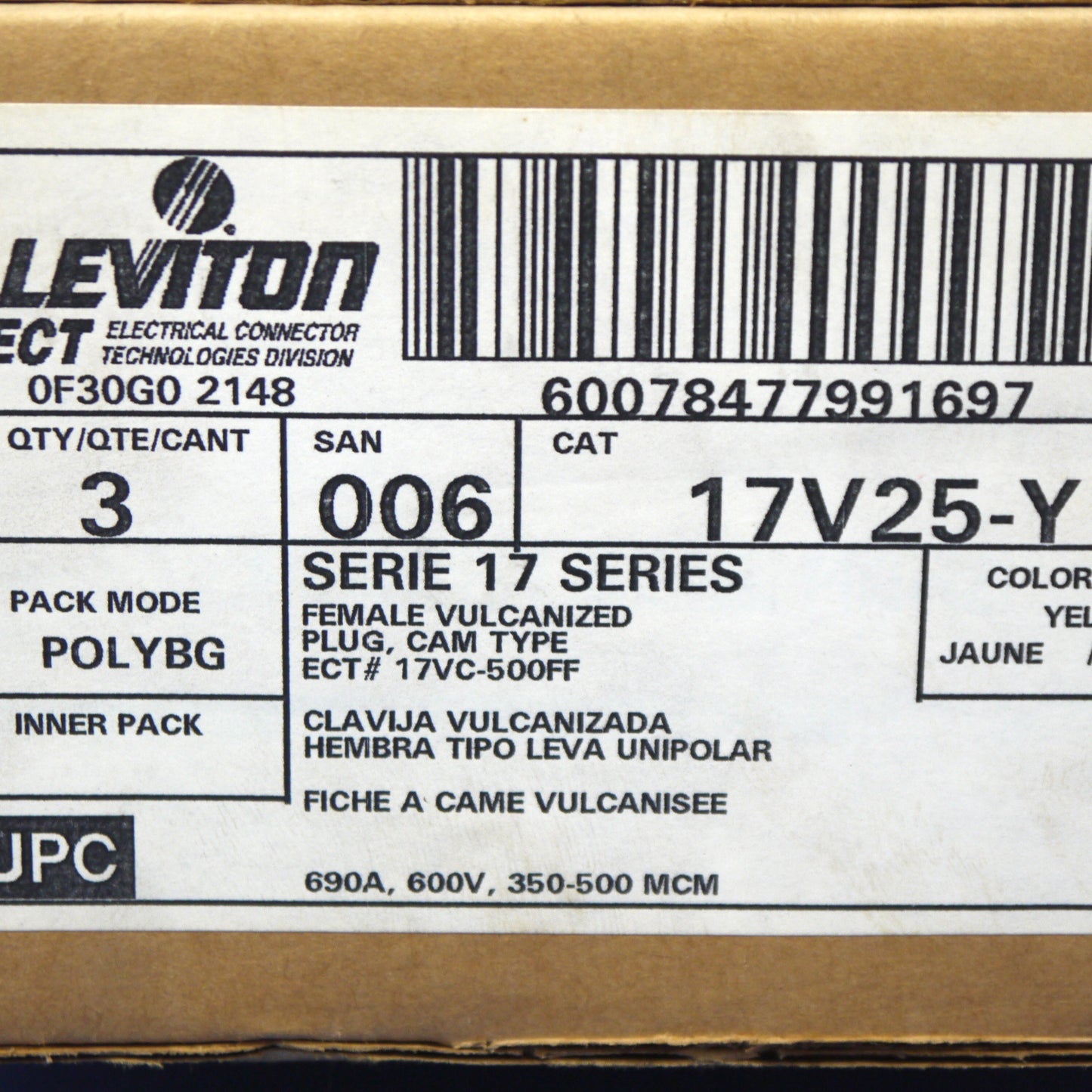 3 Leviton Yellow Female Cam Plugs 17 Series 350-500MCM Crimped 690A 600V 17V25-Y