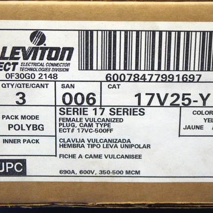 3 Leviton Yellow Female Cam Plugs 17 Series 350-500MCM Crimped 690A 600V 17V25-Y
