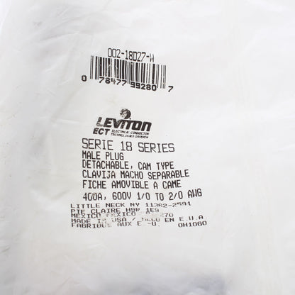 Leviton White 18 Series Detachable Male Cam-Type Plug Crimped 400A 600V 18D27-W
