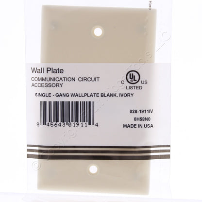 Leviton 1911V Ivory Unbreakable Nylon Single Gang Standard Blank Wallplate Cover