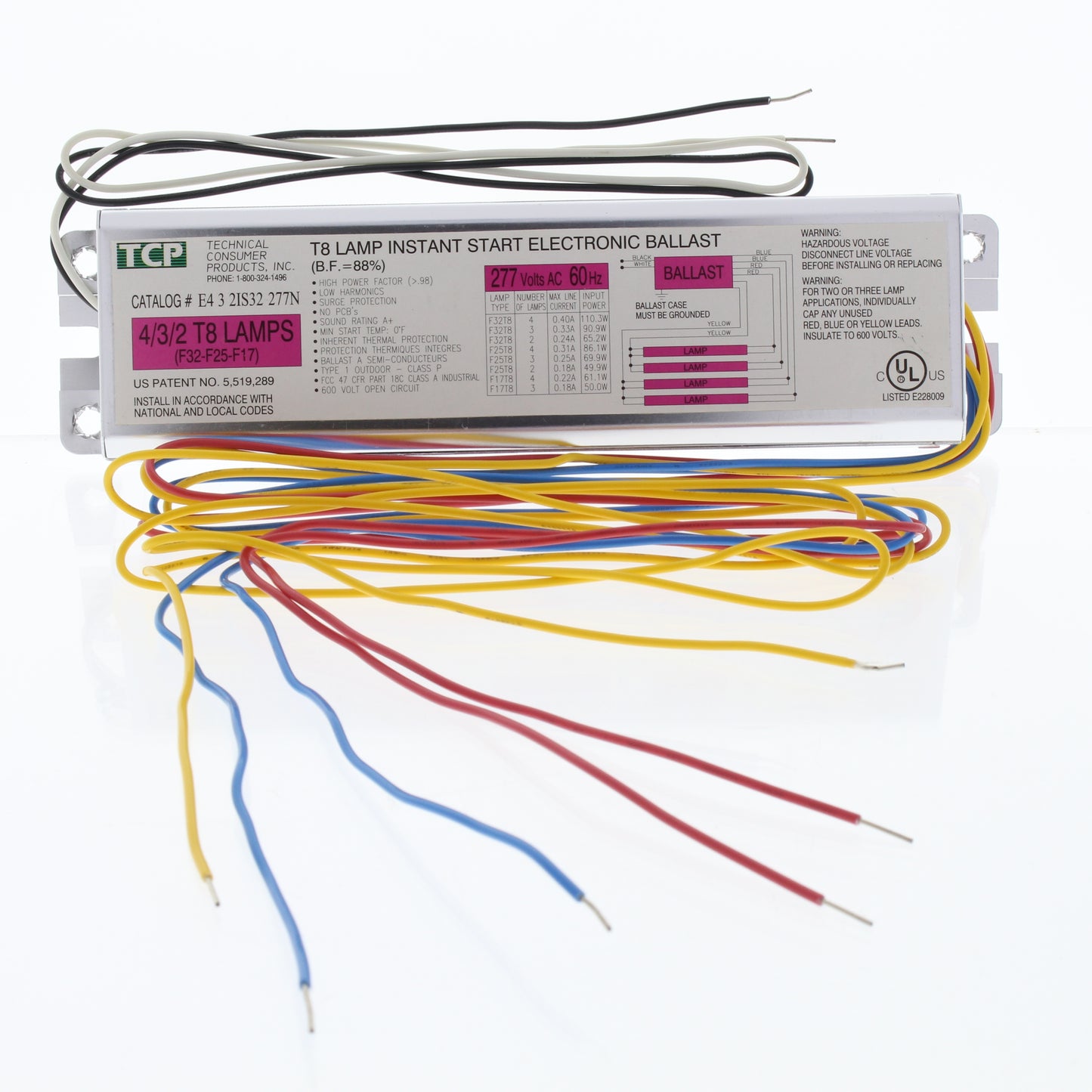 TCP E4-3-2IS32-277N T8 Lamp Instant Start Electronic Ballast 1PS00 277VAC 4/3/2