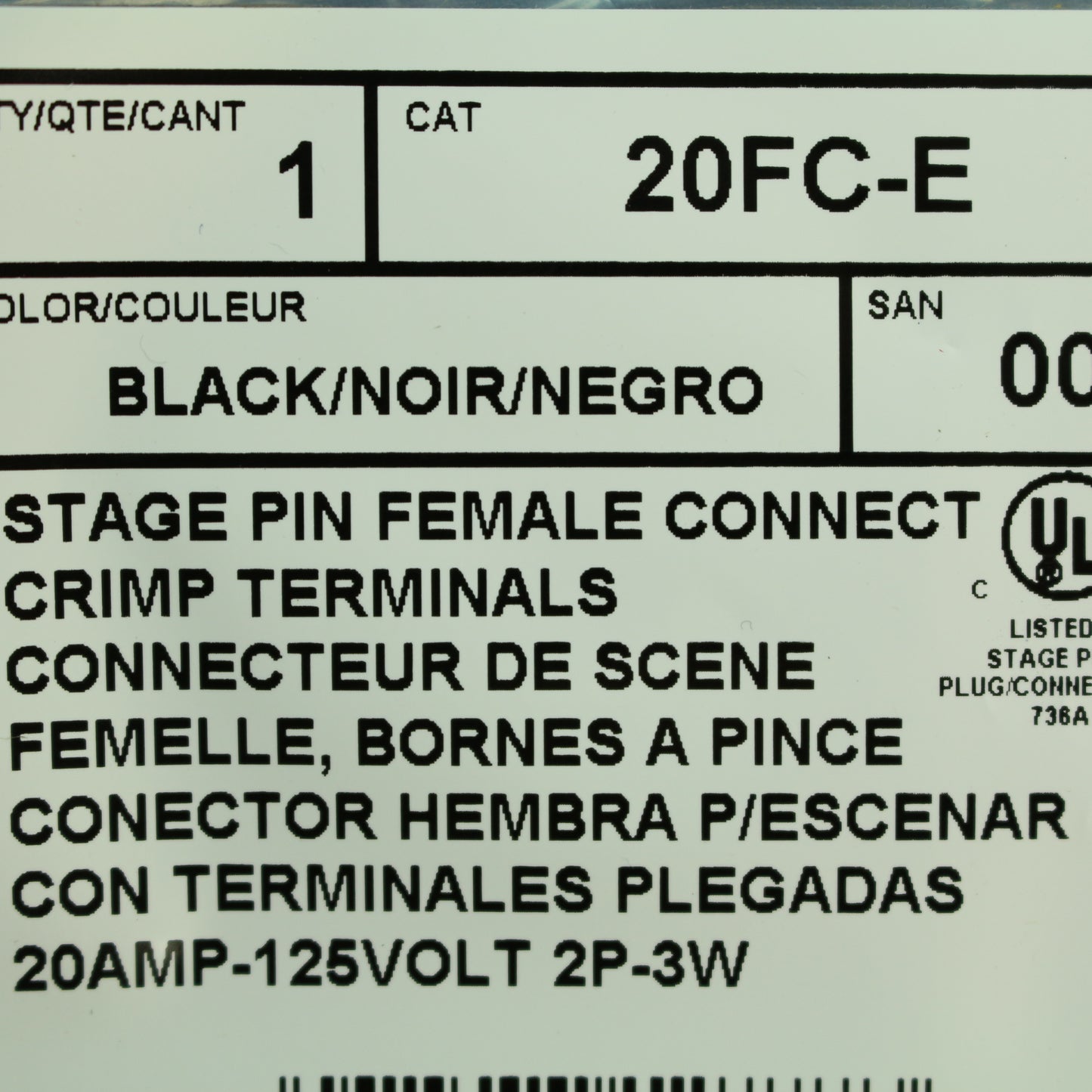 Leviton Black Stage Pin Female Connect Crimp Terminal Grounding 20A 125V 20FC-E