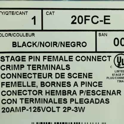 Leviton Black Stage Pin Female Connect Crimp Terminal Grounding 20A 125V 20FC-E