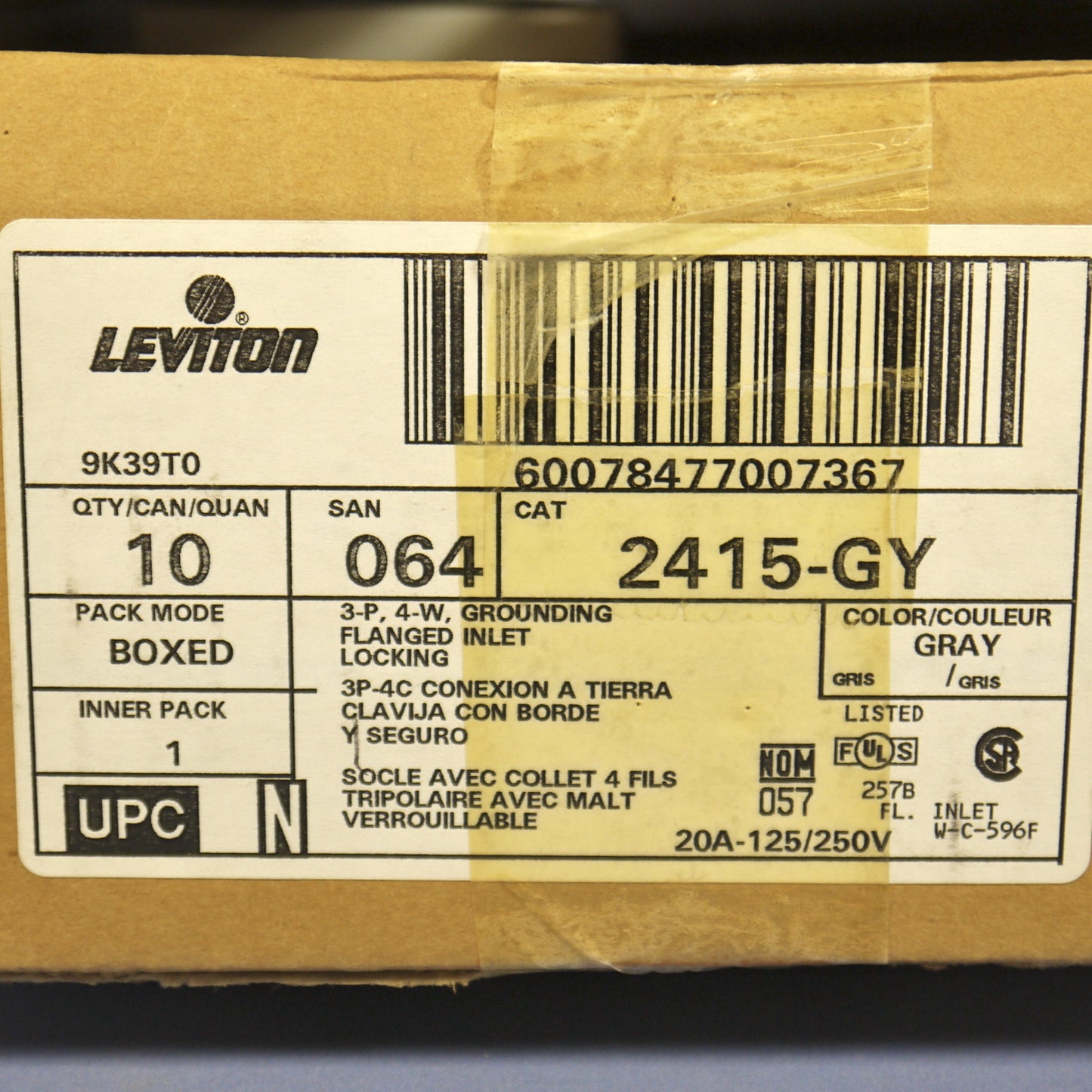 10 Leviton Gray L14-20P Locking Flanged Inlet Twist Plugs 20A 125/250V 2415-GY