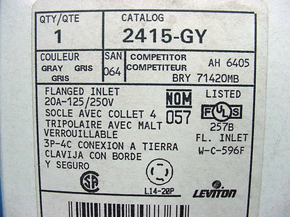 Leviton Gray L14-20P Locking Flanged Inlet Turn Twist Plug 20A 125/250V 2415-GY