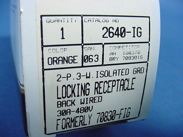 Leviton L8-30R Isolated Gnd Locking Receptacle Outlet 30A 480V 2640-IG-063 Box