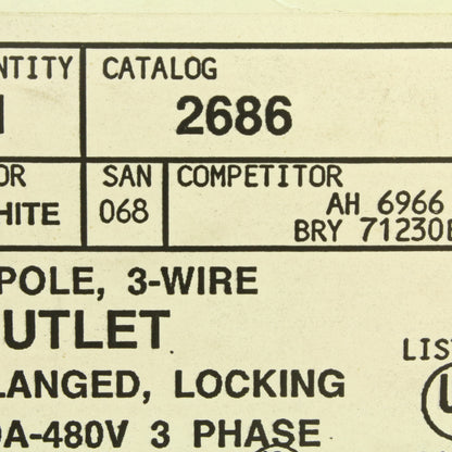 Leviton Twist Turn Locking Flanged Outlet Receptacle L12-30R 30A 480V 3� 2686