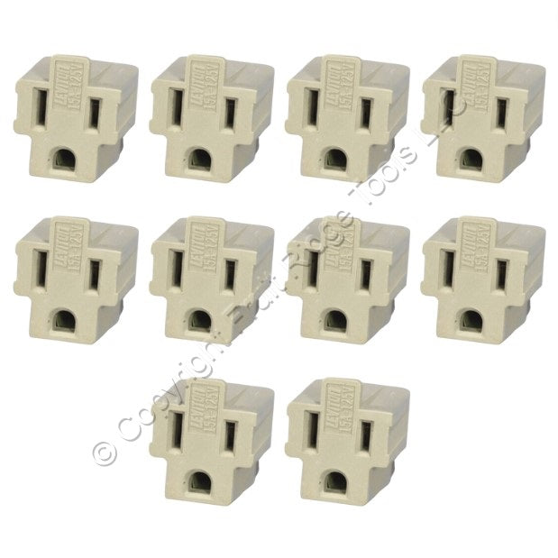 10 Leviton Gray 3-Prong Plug Outlet Adapters Nema 5-15R 15A 125V Grounded 274