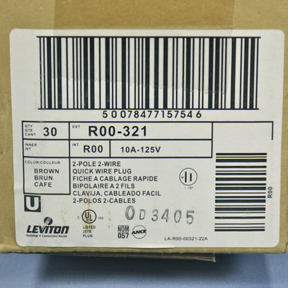 30 Leviton Brown Side Mount Easy-Wire Angle Plugs 15A 1-15P Non-Polarized 321