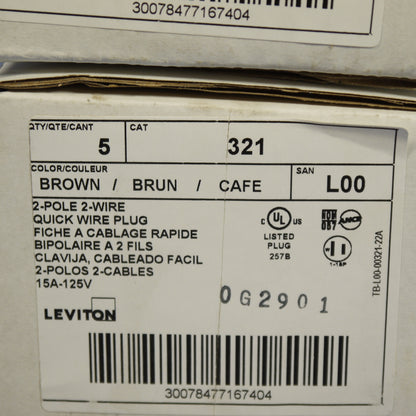10 Leviton Brown Side Mount Easy-Wire Angle Plugs 15A 1-15P Non-Polarized 321