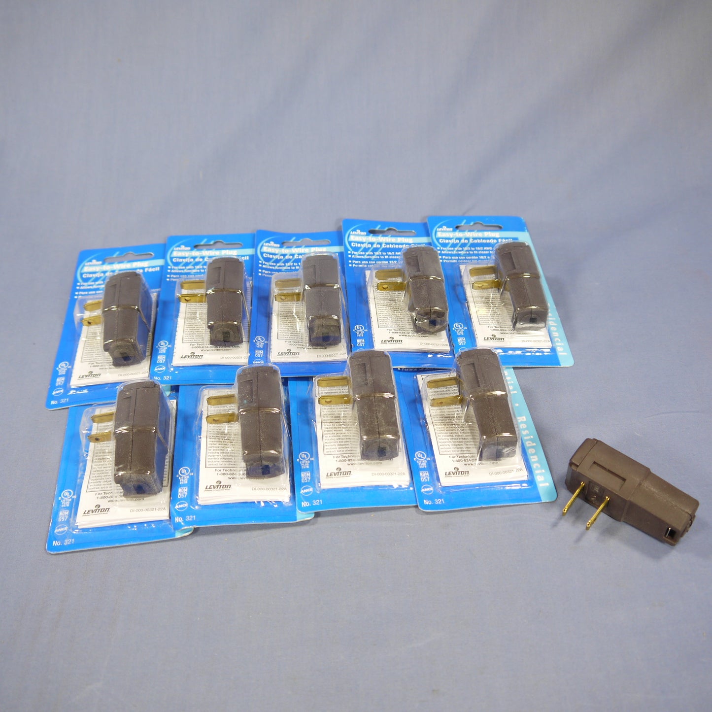 10 Leviton Brown Side Mount Easy-Wire Angle Plugs 15A 1-15P Non-Polarized 321