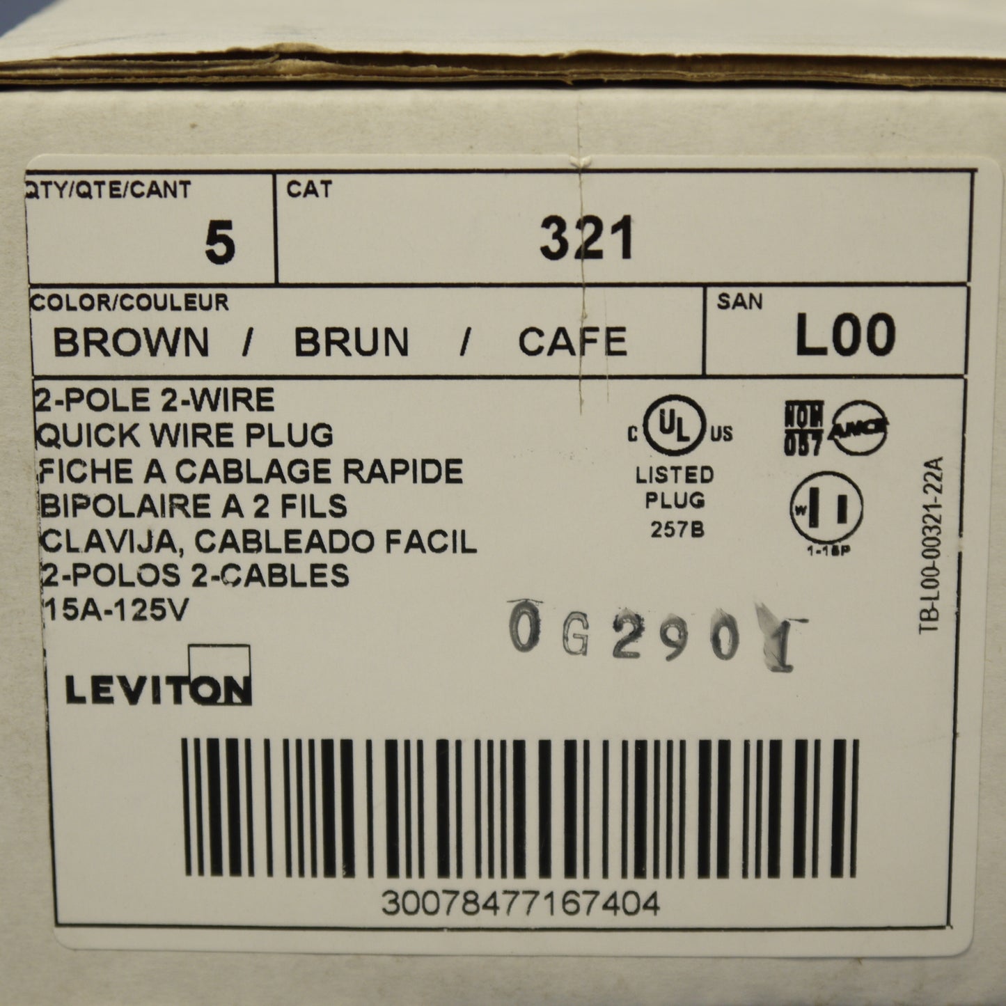 5 Leviton Brown Side Mount Easy-Wire Angle Plugs 15A 1-15P Non-Polarized 321