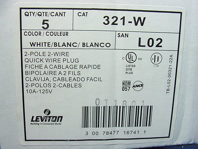 5 Leviton Side Mount Right Angle Easy-Wire Plugs 15A 1-15P Non-Polarized 321-W