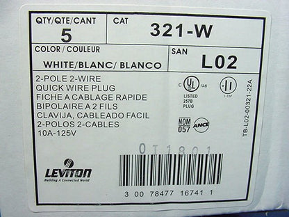 5 Leviton Side Mount Right Angle Easy-Wire Plugs 15A 1-15P Non-Polarized 321-W