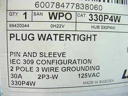 Leviton 330P4W Yellow Watertight Industrial Pin & Sleeve Plug 30A 125VAC IEC 309