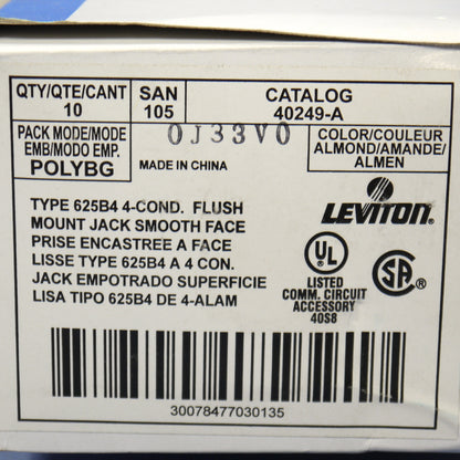 10 Leviton Almond Flush 4-Wire Telephone Jack Wallplates Type 625B4 40249-A