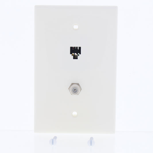 Leviton White Midway 4-Wire Modular Telephone Coax Jack Wall Plate 40539-CMW