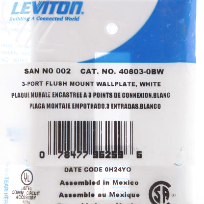 Leviton 40803-BW White 3-Port 1-Gang Quickport Wallplate Cover Plate Residential